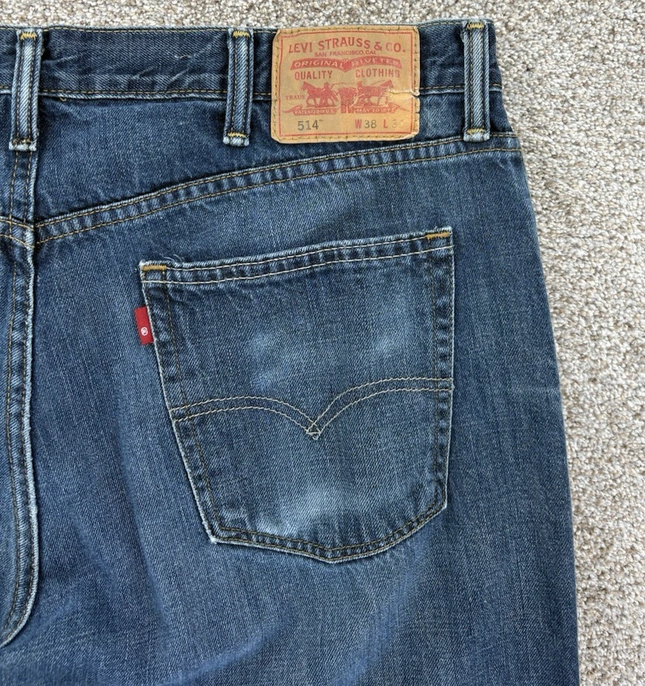 Pantalones de mezclilla Levis 514 para hombre 38x30 azul calce recto lavado medio algodón trabajo desgastado Foto 4 de 4