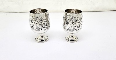 PAIR BALDWIN & MILLER FLORAL ENGRAVED STERLING SILVER SHOT GLASSES