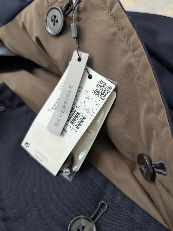 Mango Mens  Reversible Overcoat Jacket Navy/Brown S Insulated Premium Line - Image 3 of 4
