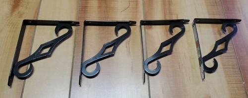 4 Black Shelf Brackets for Wood Shelves Diamond Scroll Reclaimed 5.25" x 6.5"