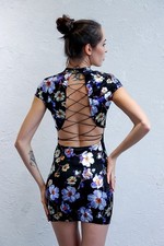 Alluring Back Tie Up Print Short Sleeve Mini Bodycon Dress
