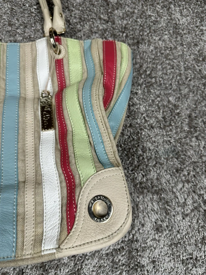 Sigrid Olsen Leather Tote Bag Purse Shoulder Coastal Preppy Colorblock Stripes - Image 4 of 4