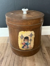 Vintage Wooden Firkin with Lid - DeLong Folk Art Girl