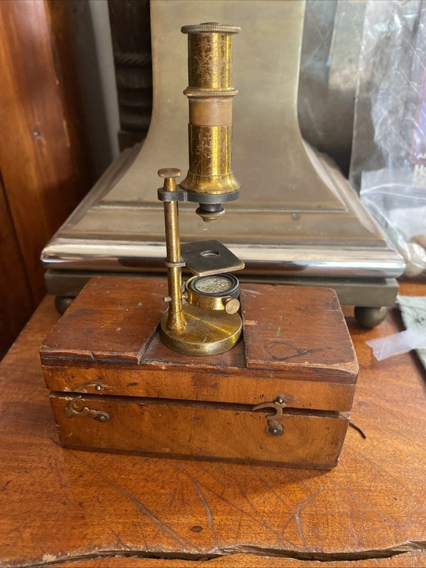 rare antique brass Microscope 1800s With Box Mount. Small Rare Find GEM Gold 5”