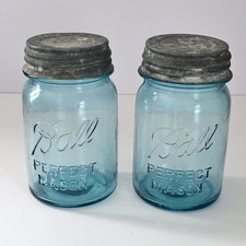 Vintage Ball Perfect Mason Jar Blue Pint #8 Zinc Lids Lot Of 2