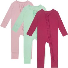 3 PACK Baby Rompers Long Sleeve Way Zipper Footless Pajamas With Flower On Wa...