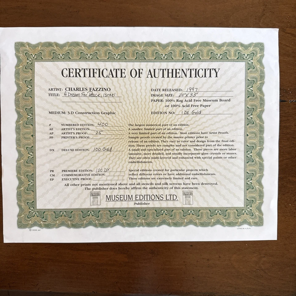 Signed Charles Fazzino Israel “A dream for peace” 1/100 DxGold 3-D Artwork. - Image 3 of 3