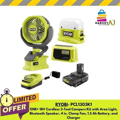 RYOBI ONE+18VPCL1303K1 Cordless 3-Tool Campers Kit Fan bluetooth Speaker Battery