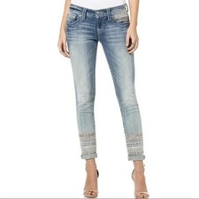 Miss Me Jeans Womens 26 Blue Denim Stretch Embroidered Hem Cuffed Skinny Leg