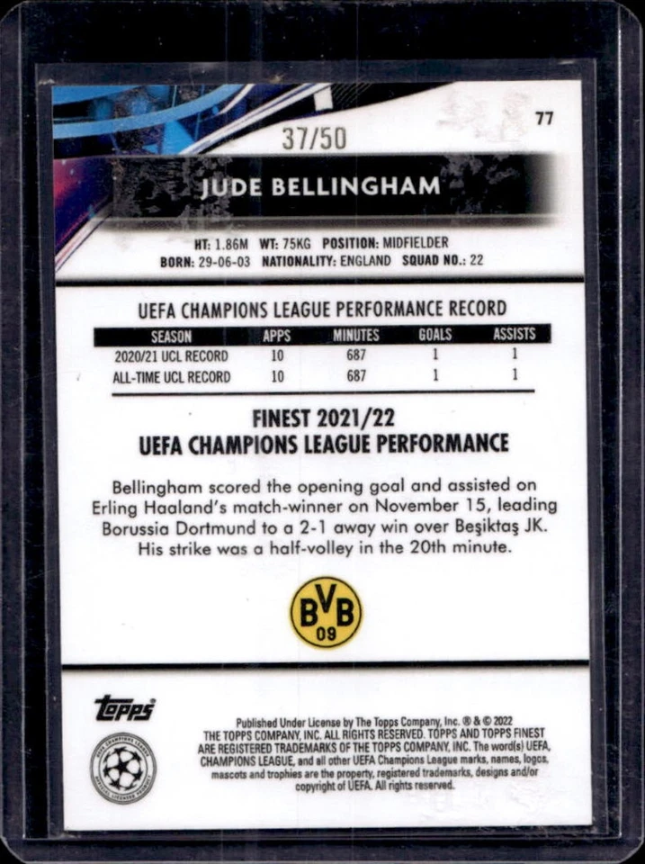 2021 Finest UEFA Jude Bellingham Gold #37/50 Dortmund - Image 2 of 2