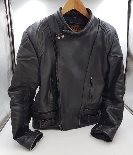 JTS Leather Motorcycle Jacket Mens Shoulder Elbow Padding Black Size 40