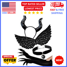 Women  s Black Devil Costume Set   Horns Wings Gloves Halloween Outfit