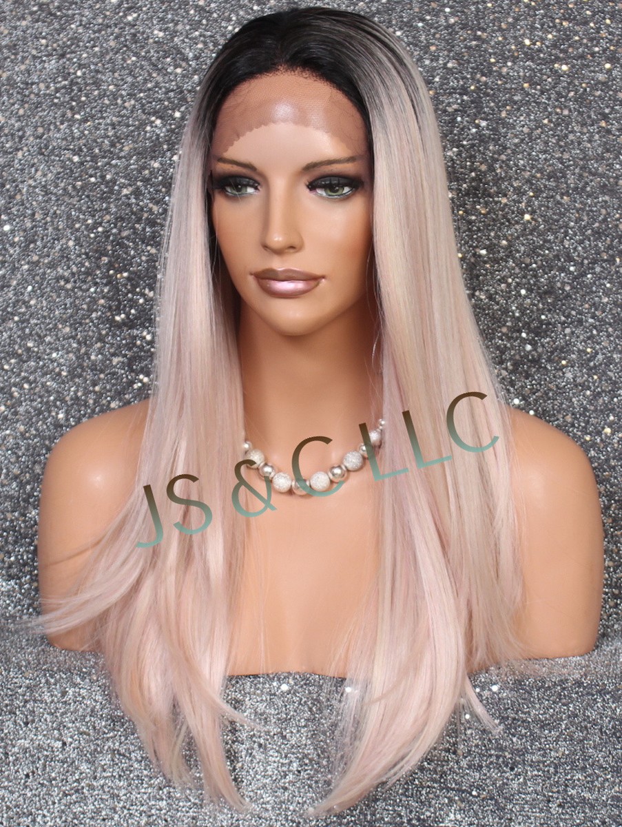 Long Straight Human Hair Blend Mono Top Lace Front Wig Rose 