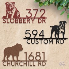 Custom Bulldog Address Signs - 3 Designs, 5 Colors - Metal Dog Number Plaques