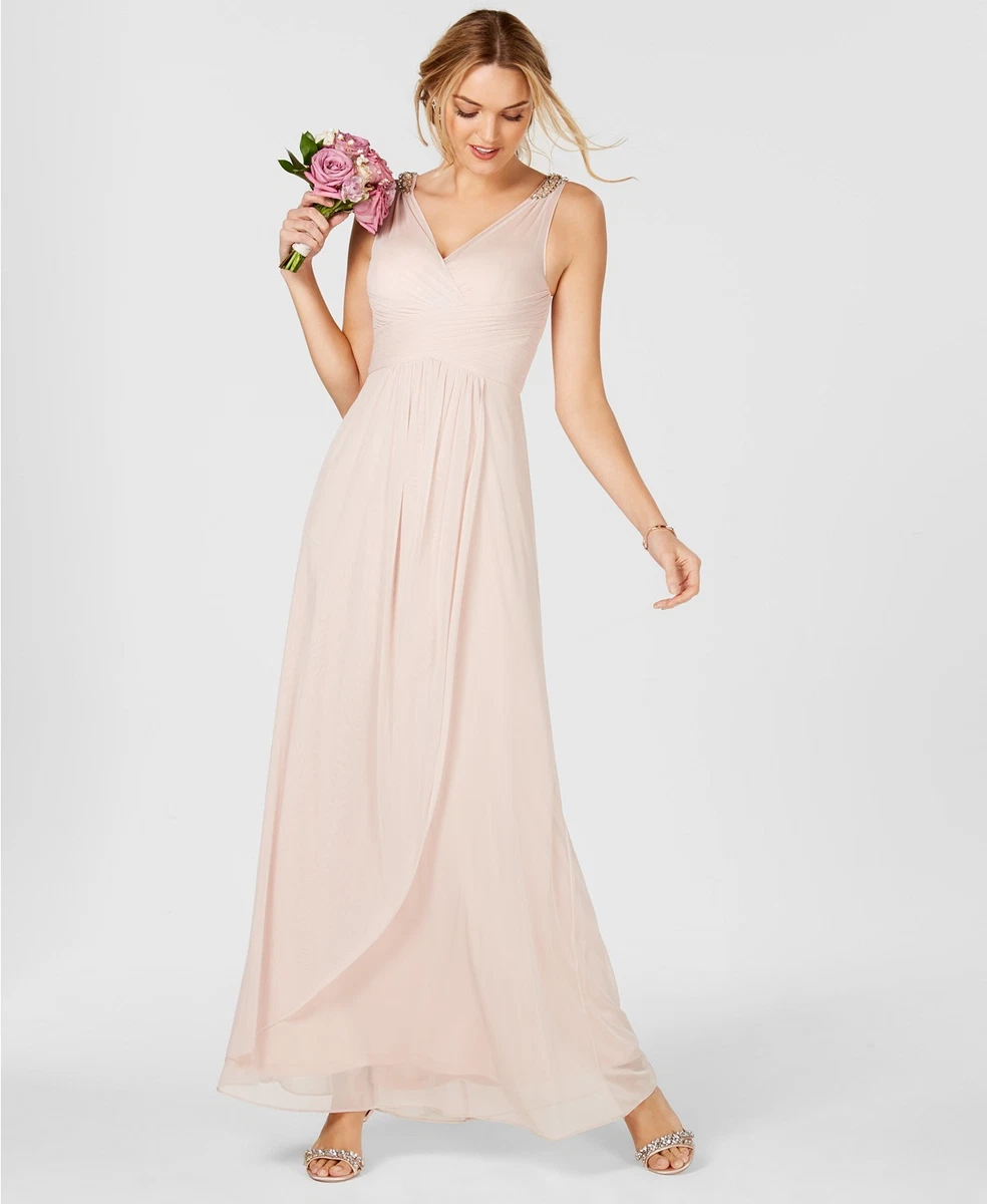 350 Adrianna Papell Womens Pink Sleeveless Ruched Embellished Gown Dress Size 4