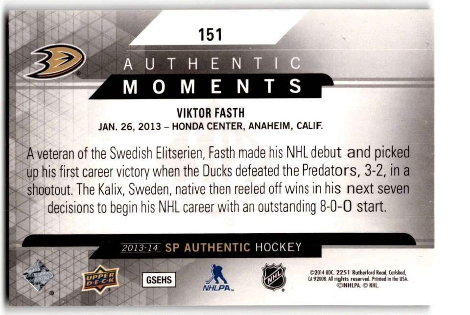 2013-14 SP Authentic Moments Viktor Fasth Rookie #151 Anaheim Ducks - Image 2 of 2