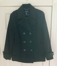 Lands End Black Double Breasted Quilted Lined Wool/cashmere Jacket Size 14 Bnwot