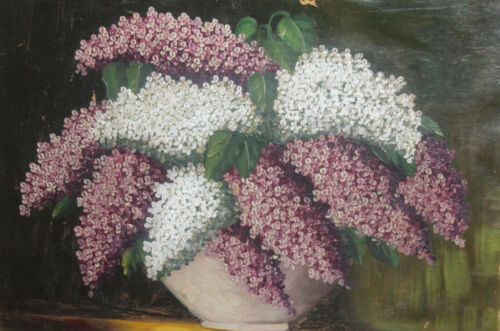 Peinture à l'huile Antique européenne nature morte fleurs lilas - Picture 1 of 10