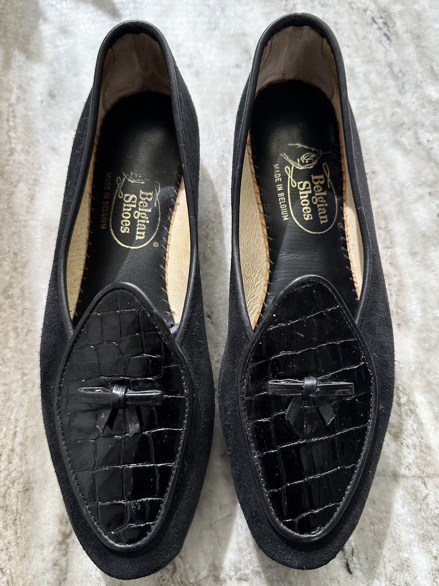 Belgian Shoes Midinette Slippers Black Suede Croc Leather Loafers