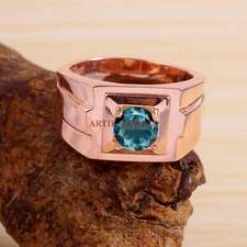 London Blue Topaz Gemstone Rose Gold Plated 925 Sterling Silver Men's Ring #5768