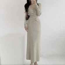Women's Fashion V Neck Slim Fit Long Sleeves Hip Package Knitted Long Dress SUNS