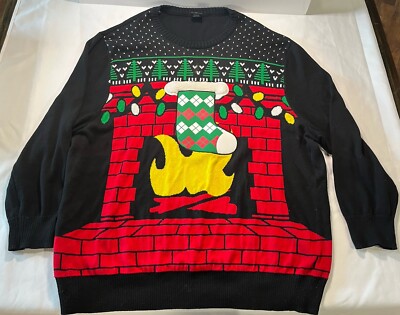 Well Worn Ugly Christmas Sweater Fireplace Stocking 4XL Black Long Sleeve  Lights