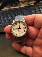 Men's 35mm Silver Tone Timex Watch, Indiglo, Date, WR 30M