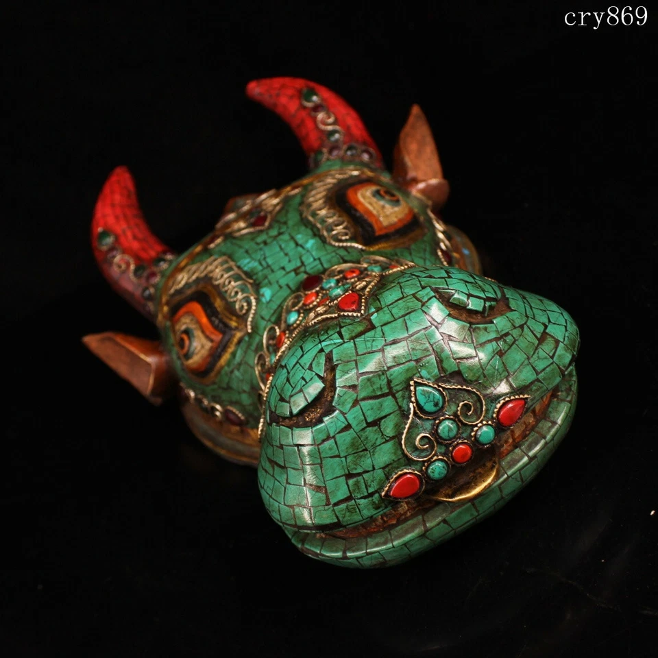 Cobre puro tibetano incrustado com pedras preciosas Pintura colorida cabeça de boi pendurada na parede - Imagem 3 de 4