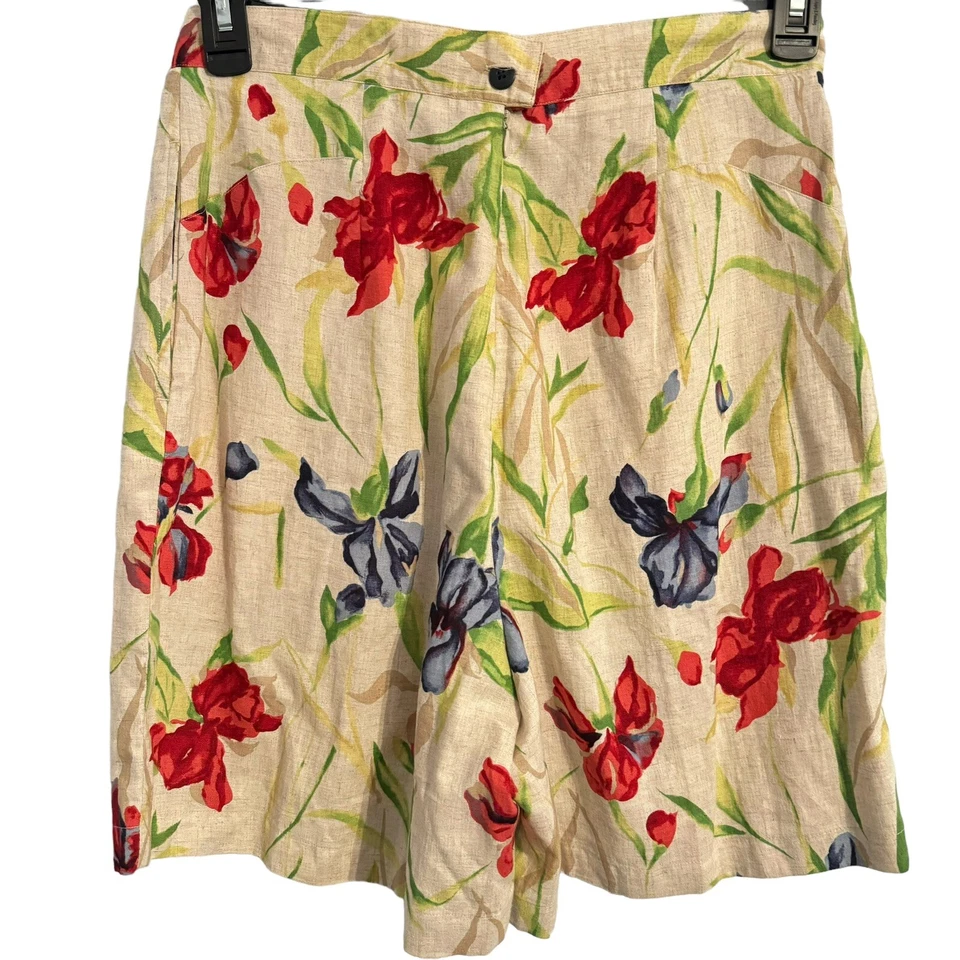 Pantalones cortos de mezcla de lino tallado con volantes talla 12 beige entrepierna múltiple floral para mujer  Foto 2 de 4