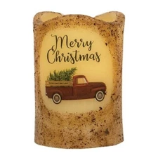NEW Primitive MERRY CHRISTMAS RED TRUCK TIMER Pillar Candle 4.5" T x 3" W TREE