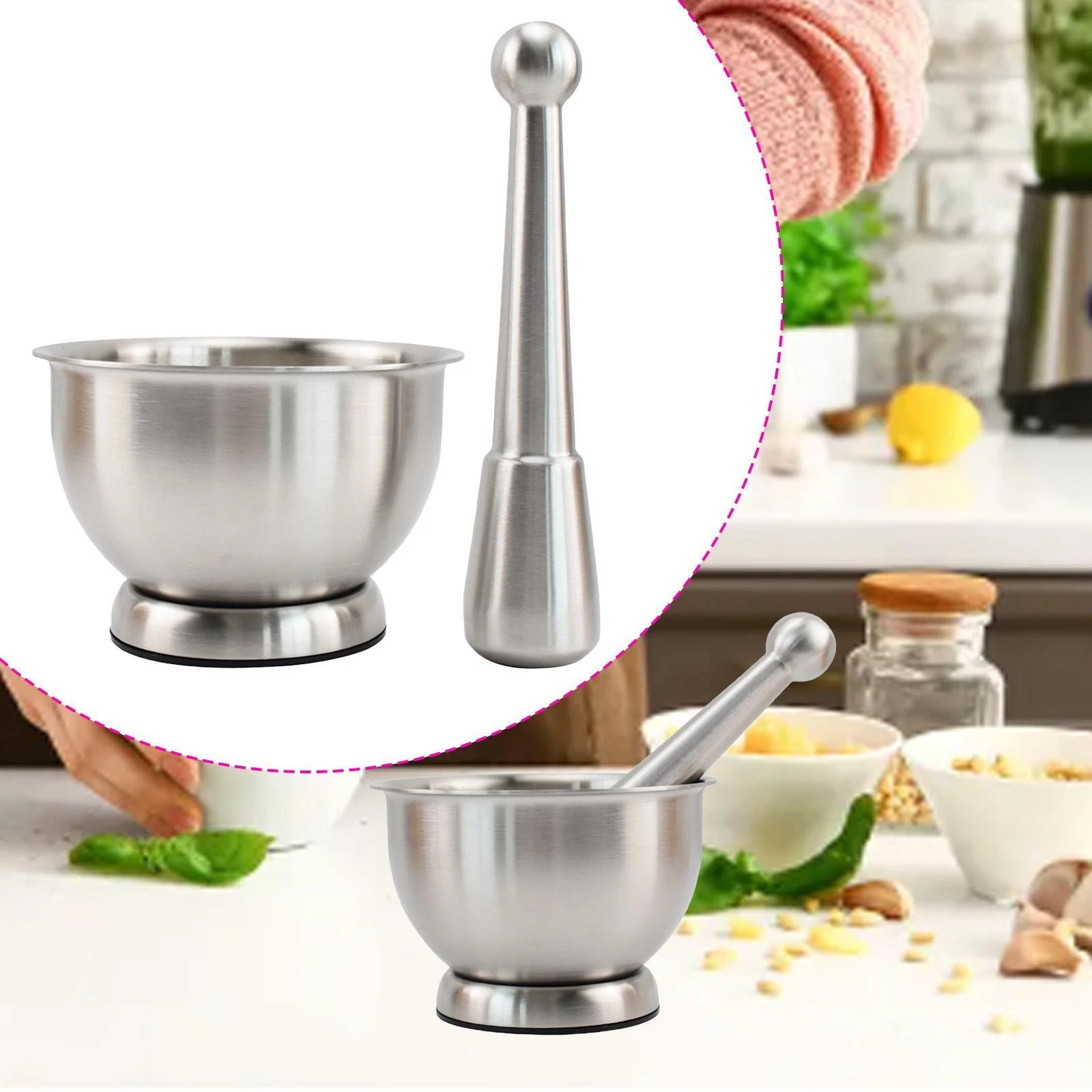 Manual Garlic Mincer Stainless Steel Pestle and Mortar Bowl Wide Mouth Kitchen