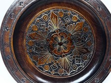 VTG 1973 Polish Hand Carved 10" Wood Folk Art Plate W/ Brass Colored Inlays