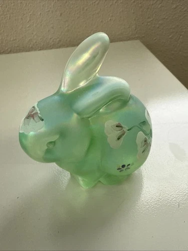 Fenton Glass Bunny Rabbit Figurine Willow Green Opalescent Painted C Curry