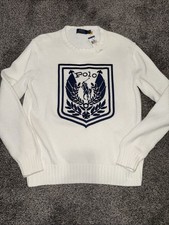 Polo Ralph Lauren WHITE VINTAGE CREST LOGO Cotton Knit Sweater size L New Rare