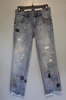 Pilcro and the Letterpress Em Patchwork Embroidered Jeans Frayed Hems Size 24