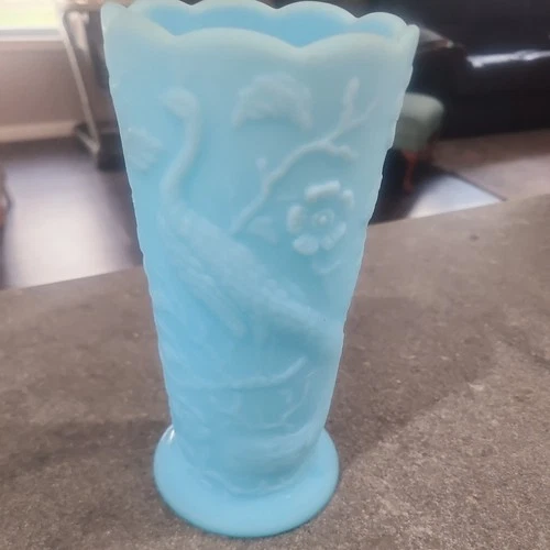 FENTON, PEACOCK PATTERN 8257 BA, BLUE SATIN GLASS 8" TALL FOOTED VASE