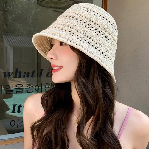 Summer Fashion Wide Brim Bucket Hat For Women Hollow Out Breathable Crochet Sun - Afbeelding 19 van 26