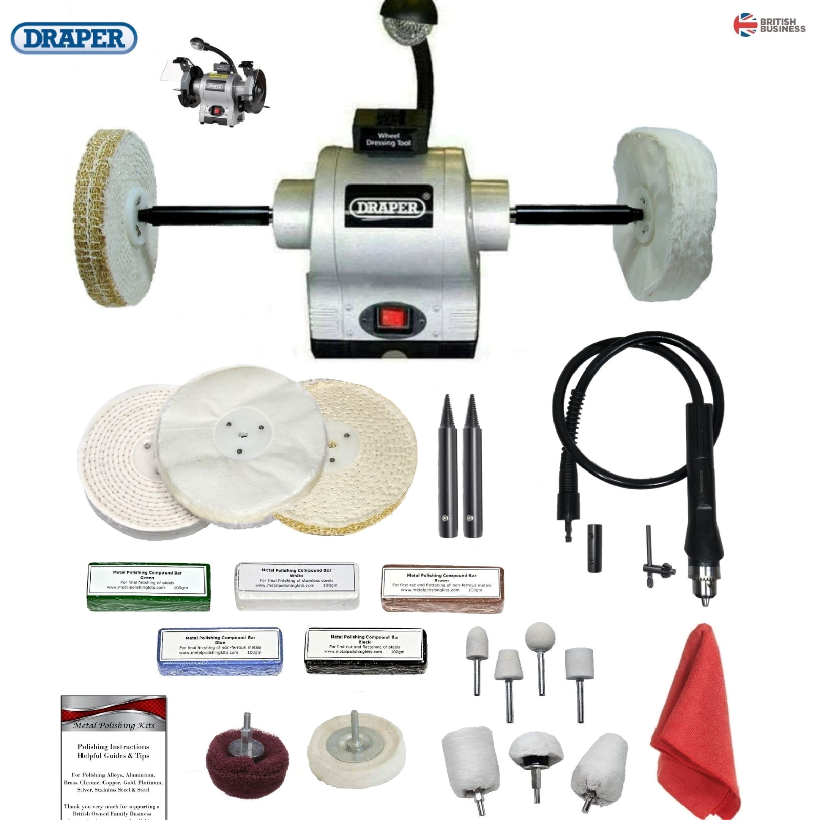 Draper 370W Bench Grinder Polisher & Work Light With A 6"" Metal Polishing Kit