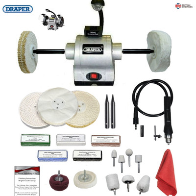 Draper 370 W Tischschleifer Polierer & Arbeitsleuchte mit einem 6'' Metallpolierset