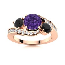 5MM Round Amethyst  Black Spinel 925 Silver Rose Plated Three Stone Women Ring
