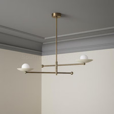 Mid Century Modern Brass Chandelier-2 Light Shade Italian Pendant Ceiling Fixtur