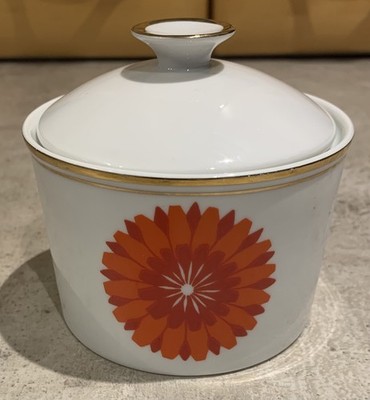 Vintage Retro Jarolina Polen Zuckerdose mit Deckel rot orange Blume Gänseblümchen 