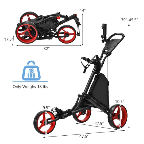 Costway klappbarer 3 Räder Golf Schubwagen mit Tasche Anzeigetafel verstellbarer Griff rot - Bild 2 von 8