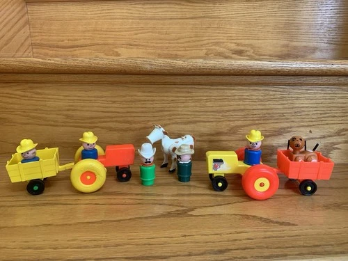 Vintage Fisher Price Little People 2 Tractors With Carts 5 Cowboys And 2 Animals