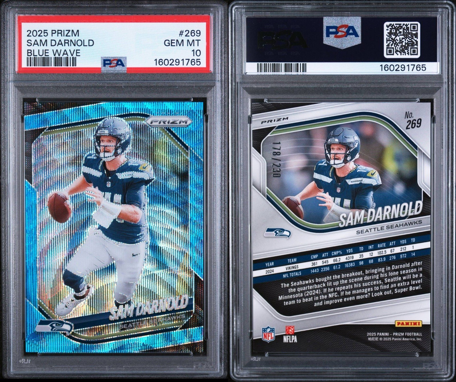 2025 Sam Darnold PSA 10 Blue Wave Prizm /230 #269 Seahawks Super Bowl Champions view 3