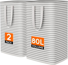 Laundry Basket 80L Collapsible Waterproof with Reinforced Handles Set of 2 Grey