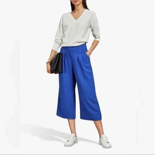 Ted Baker London Sz 3 US 8 Zettah Pants Pleated Ankle Front Pocket Blue Wide Leg - Picture 2 of 5