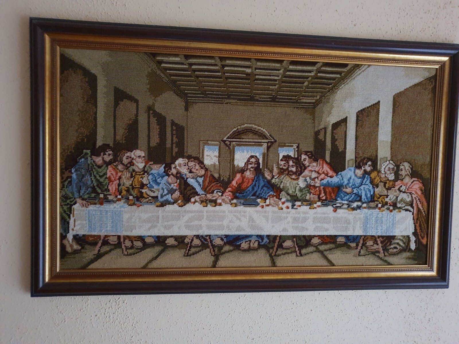 Gobelinbild,"DAS LETZTE ABENDMAHL" Handarbeit 1986/1987 im Holzrahmen