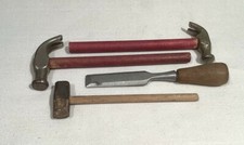 CA. 1920's 4 ANTIQUE IRON TOY TOOLS: 2 CLAW HAMMERS, SLEDGE HAMMER, CHISEL