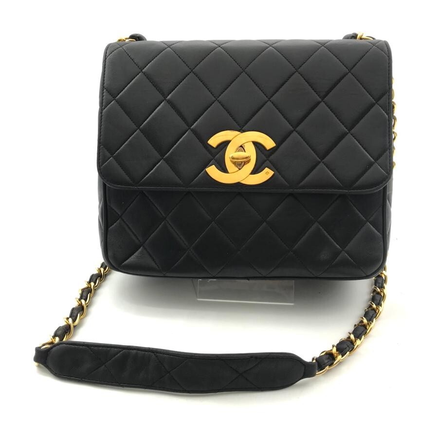 Chanel Big Coco Mark Matelassé Leather Chain Shoulder Bag Black Authentic